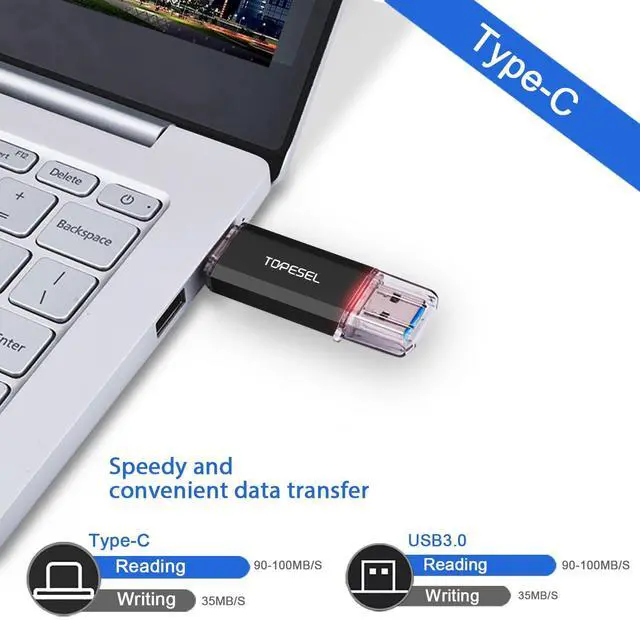 Alt view image 5 of 5 - TOPESEL Type C 2 Pack 128GB USB C Flash Drive Dual 2-in-1 Thumb Drive USB 3.0/3.1 Gen1 Drive 128GB USB-C Memory Stick with LED Indicator for Easy Data Sharing Between PC and Smartphones