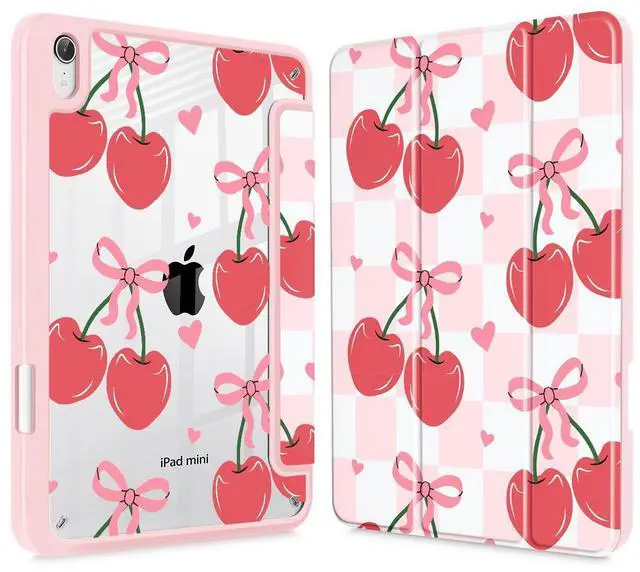 Main image of Mektron Printed Case for iPad mini 7 (A17 Pro) 2024/ Mini 6 2021, iPad mini 7th/6th Generation Case, Buit in Pencil Holder with Clear Back Shell + Trifold Stand, Cherries Bows C353