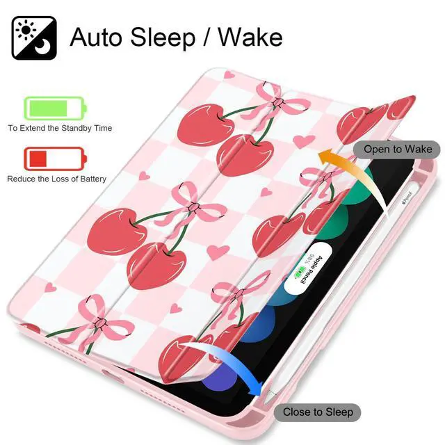 Alt view image 3 of 5 - Mektron Printed Case for iPad mini 7 (A17 Pro) 2024/ Mini 6 2021, iPad mini 7th/6th Generation Case, Buit in Pencil Holder with Clear Back Shell + Trifold Stand, Cherries Bows C353