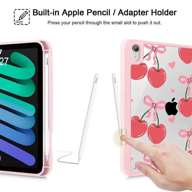 Alt view image 5 of 5 - Mektron Printed Case for iPad mini 7 (A17 Pro) 2024/ Mini 6 2021, iPad mini 7th/6th Generation Case, Buit in Pencil Holder with Clear Back Shell + Trifold Stand, Cherries Bows C353