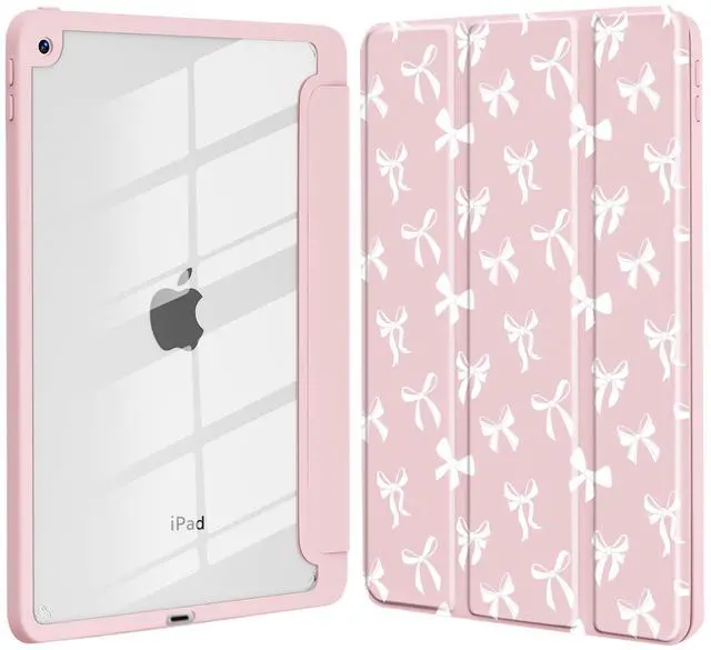 Main image of Idocolors Cute White Bow Case for iPad 7th/8th/9th Generation 10.2 inch, Clear Hard Back Cover with Pencil Holder, Tri-fold Stand Full Wrap Protective Case for Women Girls, White Bow/Pink Case