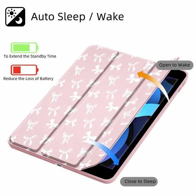 Alt view image 2 of 5 - Idocolors Cute White Bow Case for iPad 7th/8th/9th Generation 10.2 inch, Clear Hard Back Cover with Pencil Holder, Tri-fold Stand Full Wrap Protective Case for Women Girls, White Bow/Pink Case