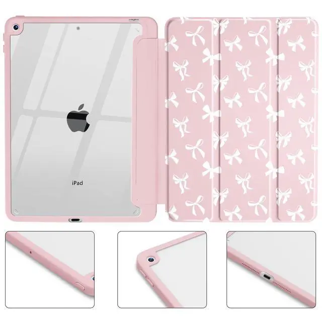 Alt view image 3 of 5 - Idocolors Cute White Bow Case for iPad 7th/8th/9th Generation 10.2 inch, Clear Hard Back Cover with Pencil Holder, Tri-fold Stand Full Wrap Protective Case for Women Girls, White Bow/Pink Case