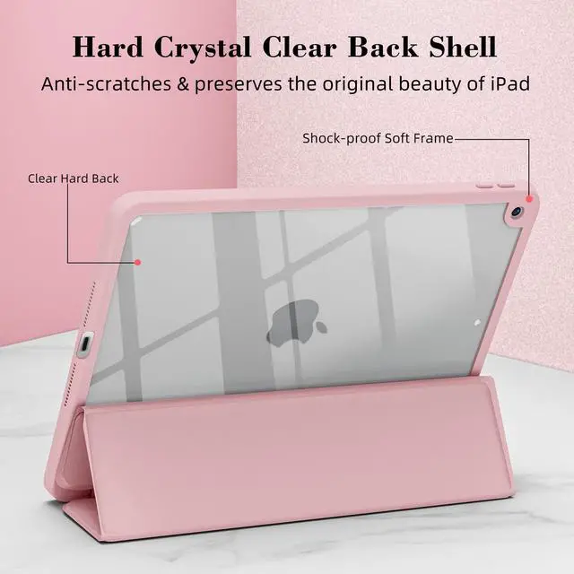 Alt view image 4 of 5 - Idocolors Cute White Bow Case for iPad 7th/8th/9th Generation 10.2 inch, Clear Hard Back Cover with Pencil Holder, Tri-fold Stand Full Wrap Protective Case for Women Girls, White Bow/Pink Case