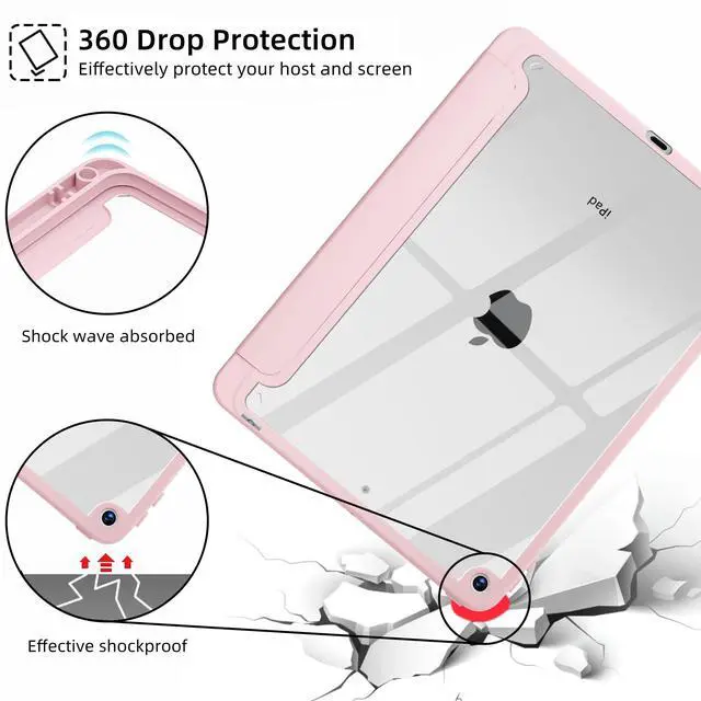 Alt view image 5 of 5 - Idocolors Cute White Bow Case for iPad 7th/8th/9th Generation 10.2 inch, Clear Hard Back Cover with Pencil Holder, Tri-fold Stand Full Wrap Protective Case for Women Girls, White Bow/Pink Case