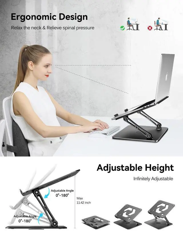 Alt view image 3 of 5 - ivoler Adjustable Laptop Stand with 360° Rotating Base, Ergonomic Laptop Stand for Desk, Foldable & Portable Laptop Riser, Suitable for Collaborative Work, Fit MacBook Laptops up to 16 inches[Black]