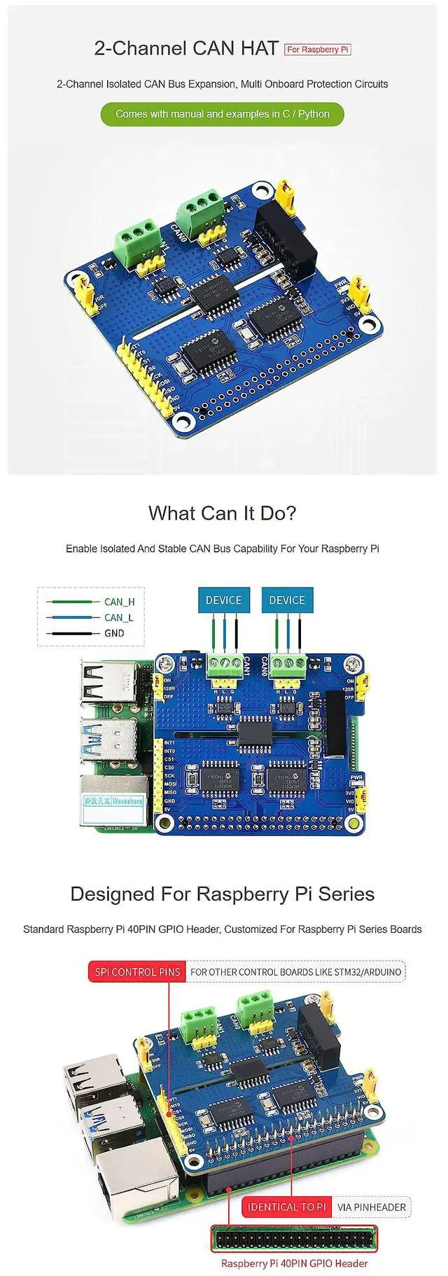 Alt view image 4 of 5 - Coolwell 2 Channel CAN HAT Isolated CAN Bus Expansion Board for Raspberry Pi/STM32/Arduino with MCP2515 + SN65HVD230 Dual Chips Solution