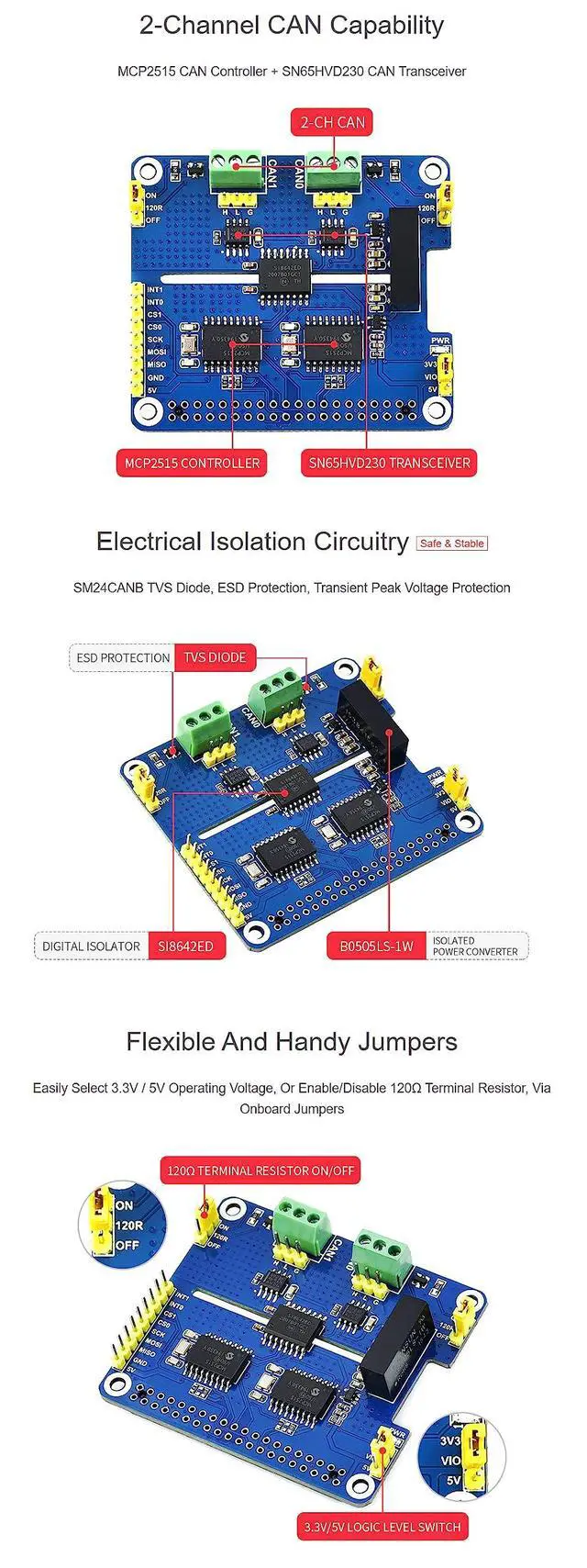Alt view image 5 of 5 - Coolwell 2 Channel CAN HAT Isolated CAN Bus Expansion Board for Raspberry Pi/STM32/Arduino with MCP2515 + SN65HVD230 Dual Chips Solution