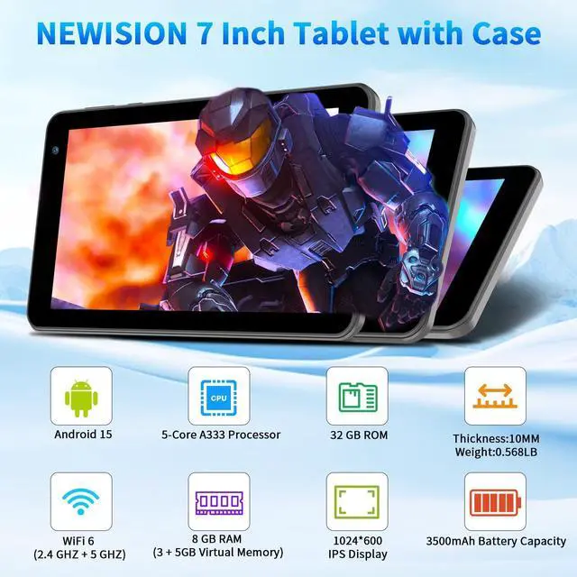 Alt view image 2 of 5 - NEWISION 7 Inch Tablet with Case, Five Core Android 15 Tablets, 8GB RAM 32GB Storage 1TB Expand, 5G WiFi,1024x600 IPS HD Display, 3500mAh,Dual Camera, Type C Tablet PC (Black)