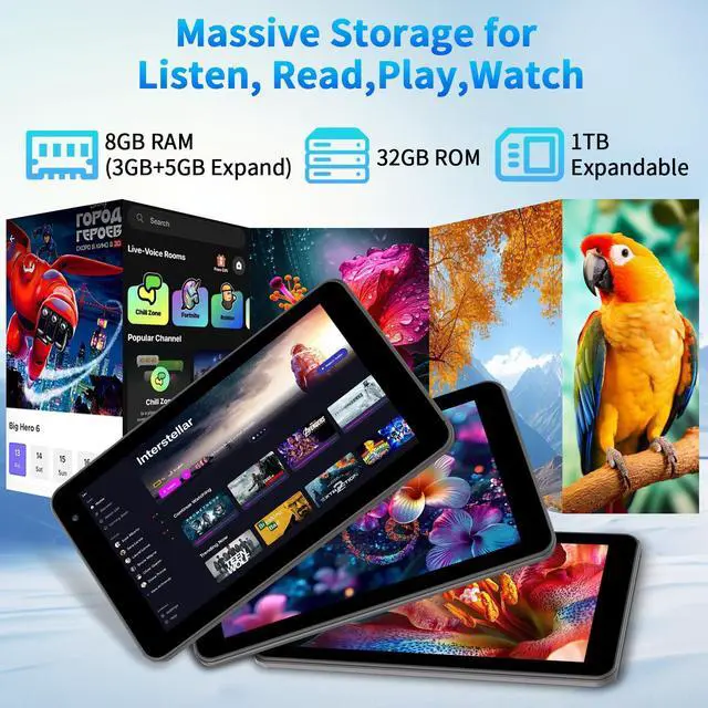 Alt view image 3 of 5 - NEWISION 7 Inch Tablet with Case, Five Core Android 15 Tablets, 8GB RAM 32GB Storage 1TB Expand, 5G WiFi,1024x600 IPS HD Display, 3500mAh,Dual Camera, Type C Tablet PC (Black)