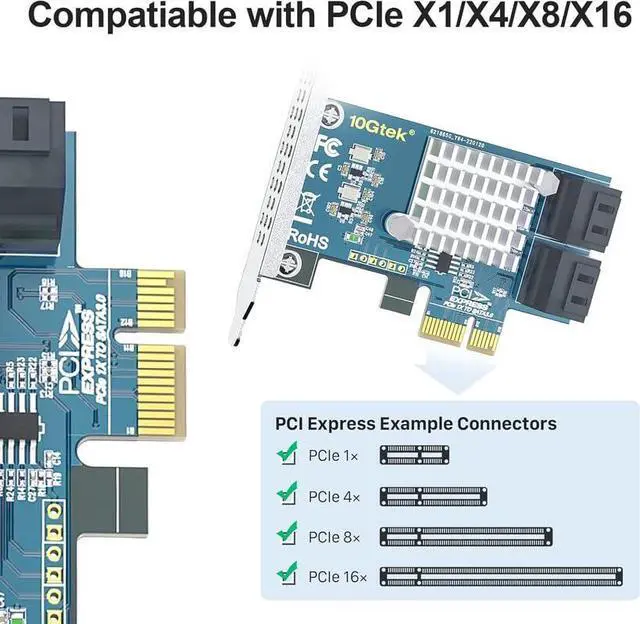 Alt view image 2 of 5 - 10Gtek 4-Port SATA 3.0 PCIe Expansion Card, 6Gbps Adapter with 4 Cables & Low Profile Bracket, PCIe x1 Slot for HDD/SSD Storage Upgrade