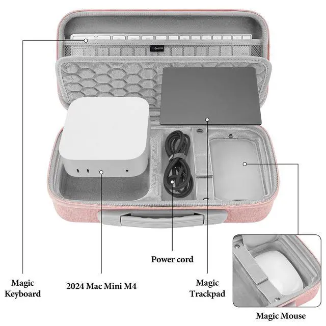 Alt view image 3 of 5 - Geekria Desktop Computer Hard Travel Case, Compatible with Apple 2024 Mac mini M4 / Mini M4 Pro, Fit for Magic Keyboard, Mouse, Trackpad and Accessories (Pink)