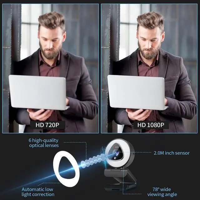 Alt view image 5 of 5 - Streaming Webcam with Ring Light - 1080P Autofocus Computer Camera with Microphone Adjustable Brightness Digital Zoom Webcams for Xbox Twitch Gaming USB PC Web Camera for PC Laptop Desktop