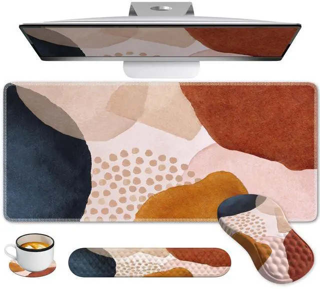 Main image of Anyshock Large Desk Matt for Desktop, Boho Desk Mat Set, Carpal Tunnel Keyboard and Mouse Pad, Desk Mat for Keyboard and Mouse, XL Computer Mouse Pad for Desktop Laptop, Color Block Orange