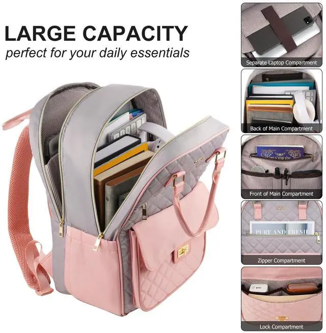Alt view image 2 of 5 - RJEU Student Backpack for Teen Girls,Big Bookbag School Bag for Women with 15.6-Inch-Laptop Compartment & USB Charging Port,Computer Bag for University Work Travel Nurse Teacher,Pink-Gray
