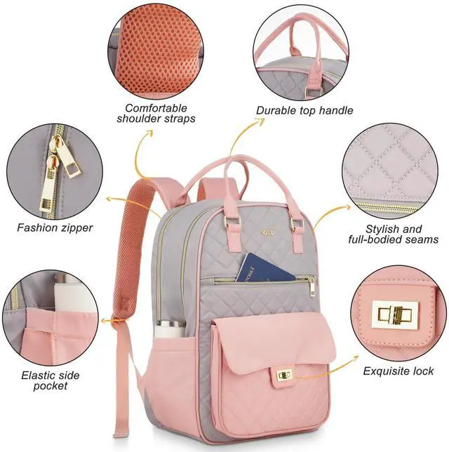 Alt view image 3 of 5 - RJEU Student Backpack for Teen Girls,Big Bookbag School Bag for Women with 15.6-Inch-Laptop Compartment & USB Charging Port,Computer Bag for University Work Travel Nurse Teacher,Pink-Gray