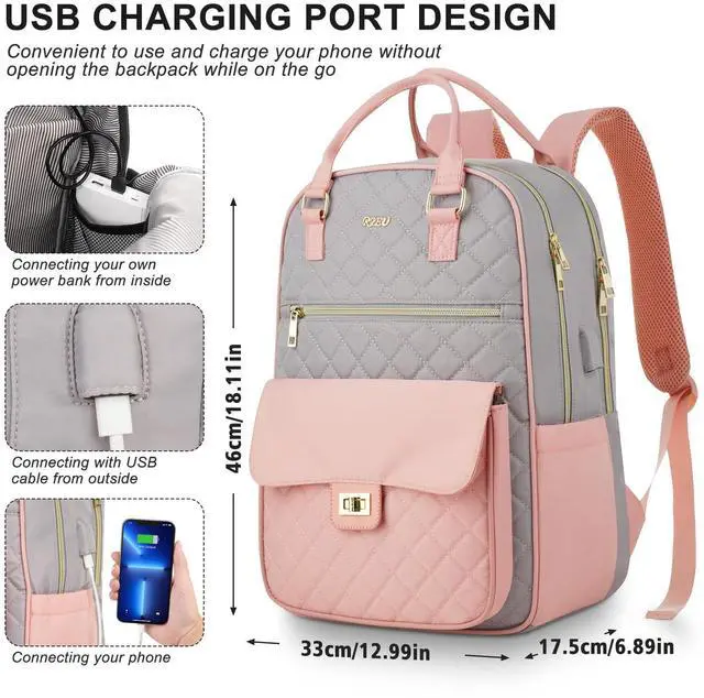 Alt view image 4 of 5 - RJEU Student Backpack for Teen Girls,Big Bookbag School Bag for Women with 15.6-Inch-Laptop Compartment & USB Charging Port,Computer Bag for University Work Travel Nurse Teacher,Pink-Gray