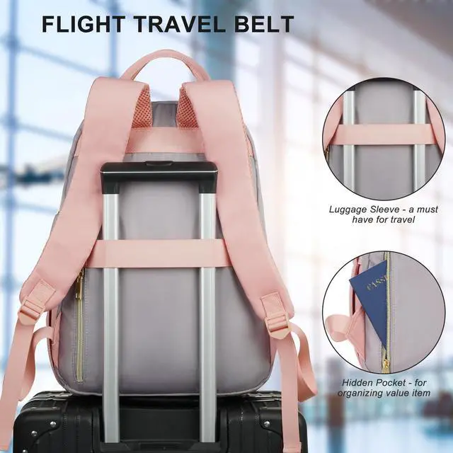 Alt view image 5 of 5 - RJEU Student Backpack for Teen Girls,Big Bookbag School Bag for Women with 15.6-Inch-Laptop Compartment & USB Charging Port,Computer Bag for University Work Travel Nurse Teacher,Pink-Gray