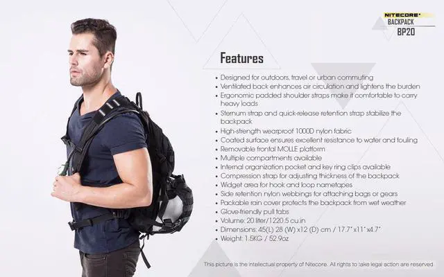 Alt view image 3 of 5 - Nitecore BP20 20 Liter Size 1000D Nylon Fabric Multi-Purpose Backpack Tactical Side Tools Bag Laptop Computer Backpack with EdisonBright Battery Carry case