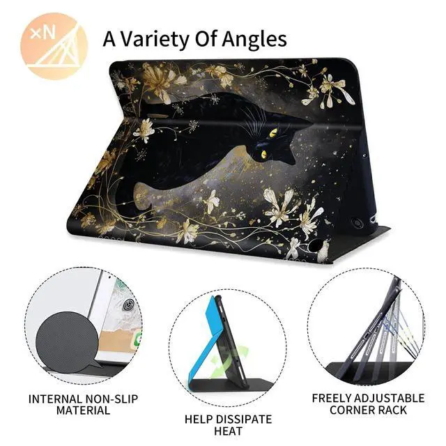 Alt view image 5 of 5 - FUYOCWE for Fire HD 10 Tablet Case (13th Generation,2023 Release,10.1"), PU Leather Multi-Angle Folding Stand Smart Flip Cover for Amazon Kindle Fire HD 10 13th Gen-Black Cat with Gold Floral