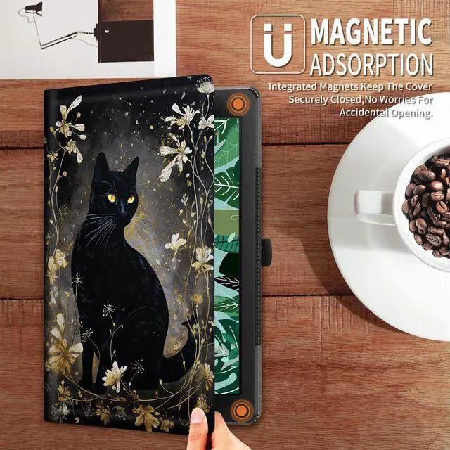 Alt view image 4 of 5 - FUYOCWE for Fire HD 10 Tablet Case (13th Generation,2023 Release,10.1"), PU Leather Multi-Angle Folding Stand Smart Flip Cover for Amazon Kindle Fire HD 10 13th Gen-Black Cat with Gold Floral