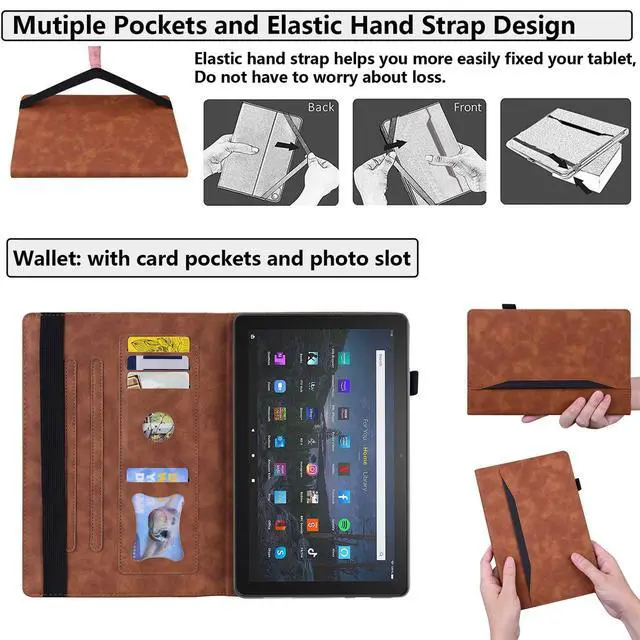 Alt view image 4 of 5 - UUcovers Fire HD 10 Case 9th/7th/5th Generation (2019/2017/2015) 10.1",Folio Stand Wallet with Pencil Holder Elastic Band Business Document Pocket [Auto Sleep/Wake] PU Leather Shockproof Cover, Brown