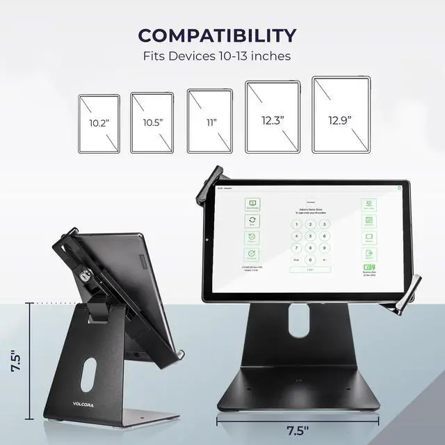 Alt view image 2 of 5 - Volcora Anti-Theft Tablet Stand iPad Security Holder with Lock, Black 10-13 Inch Kiosk Stand Mount, Swivel, Adjustable, for iPad Pro, Air, POS Register, Retail Business, Checkout, Cashier