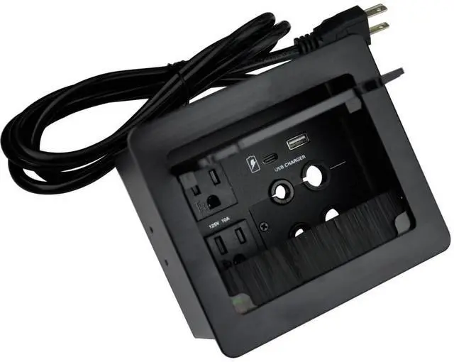 Main image of Tabletop Brush Cable Cubby Connectivity Box with 2 AC Power + 1 USB-A Charger + 1 USB-C Charger + 4 Cable Holes with 5.58ft Power Cord for Conference Office(Black)