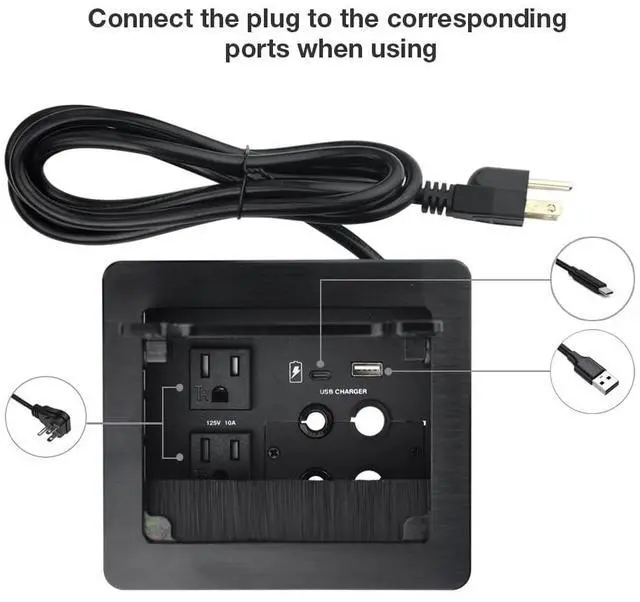 Alt view image 3 of 5 - Tabletop Brush Cable Cubby Connectivity Box with 2 AC Power + 1 USB-A Charger + 1 USB-C Charger + 4 Cable Holes with 5.58ft Power Cord for Conference Office(Black)