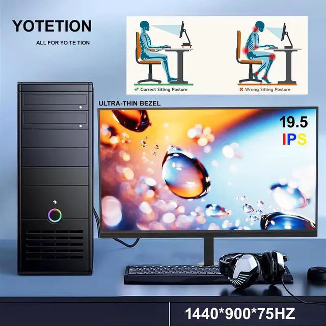 Alt view image 2 of 5 - YOTETION 19.5 inch HD (1440 x 900) Monitor Slim Bezel, 75Hz Refresh Rate, HDMI x1, VGA x1, Small Thin Monitor for laptops, Computers and desktops,LED Display, VGA/HDMI Connection.VESA:75 * 75MM