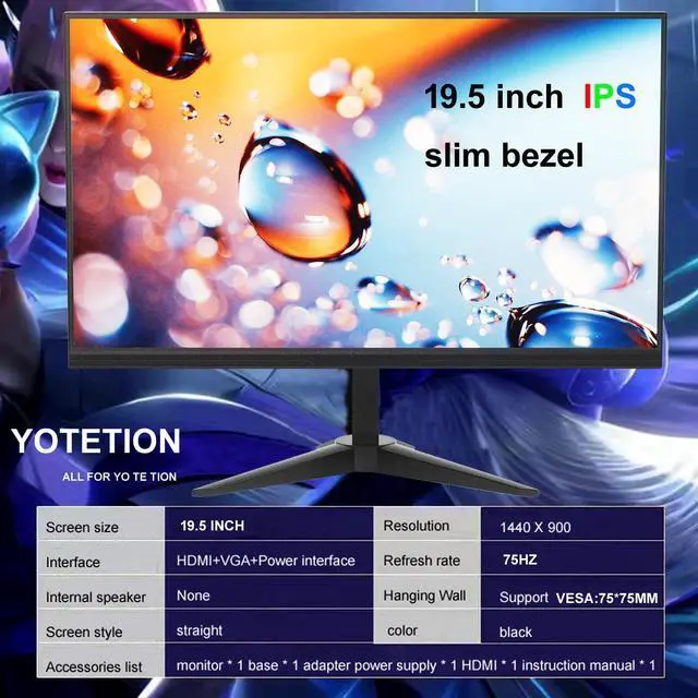 Alt view image 5 of 5 - YOTETION 19.5 inch HD (1440 x 900) Monitor Slim Bezel, 75Hz Refresh Rate, HDMI x1, VGA x1, Small Thin Monitor for laptops, Computers and desktops,LED Display, VGA/HDMI Connection.VESA:75 * 75MM