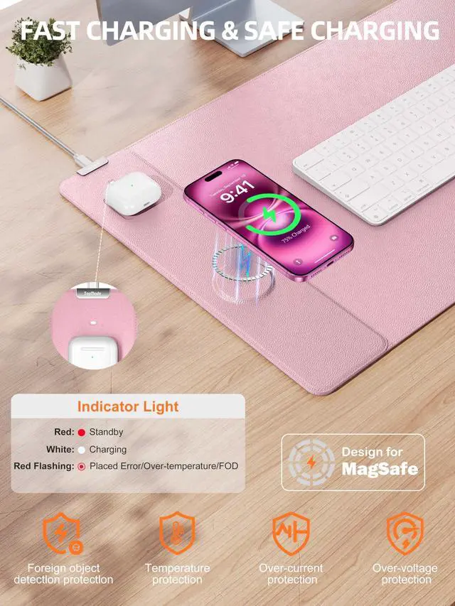 Alt view image 2 of 5 - TopMade Mouse Pad with 15W Wireless Charging, XXL Large Leather Desk Mat, Waterproof Gaming Mousepad Home Office Desk Pad Protector, Computer Keyboard Pad, Mouse Mat for for MacBook, PC, Laptop, Pink