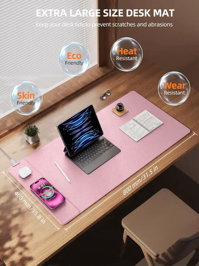 Alt view image 4 of 5 - TopMade Mouse Pad with 15W Wireless Charging, XXL Large Leather Desk Mat, Waterproof Gaming Mousepad Home Office Desk Pad Protector, Computer Keyboard Pad, Mouse Mat for for MacBook, PC, Laptop, Pink