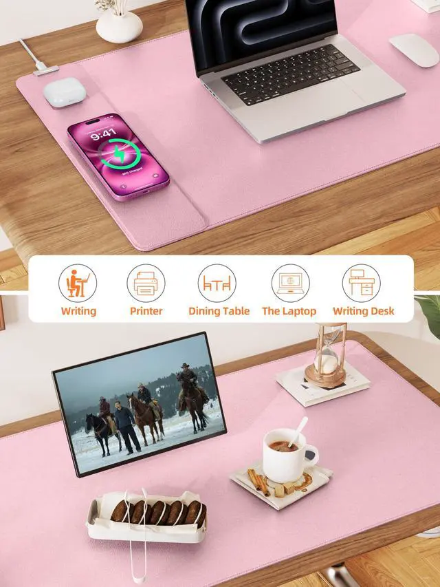 Alt view image 5 of 5 - TopMade Mouse Pad with 15W Wireless Charging, XXL Large Leather Desk Mat, Waterproof Gaming Mousepad Home Office Desk Pad Protector, Computer Keyboard Pad, Mouse Mat for for MacBook, PC, Laptop, Pink