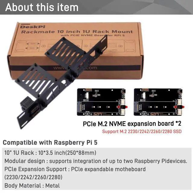 Alt view image 3 of 5 - GeeekPi 10 Inch 1U Rack Mount for Raspberry Pi 5, with 2PCS PCIe to M.2 NVMe SSD Adapters, Supports up to 2 Pi 5 Boards, Compatible with DeskPi RackMate T0/T1/T2 Server Cabinet