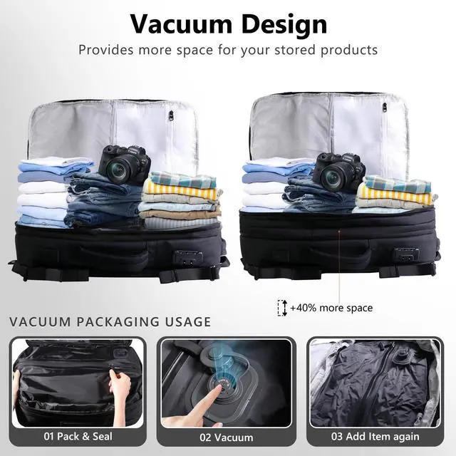 Alt view image 3 of 5 - EASY SPEED Vacuum Backpack Travel,80L Exapandable Air Compression System,Water Resistant & TSA Anti Theft,Strong Sealing,Available for boarding, Ideal for Travel/Laptop, Black(Vacuum Pump Included)