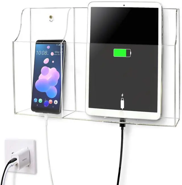 Main image of Yoillione Wall Mount Tablet and Phone Charging Stand for Tablet, Smartphone, E-Book, 2 Slots Remote Control Holder for TV, Clear Acrylic Remote Storage Media Organizer Box - Product 2.0 Size Upgrade