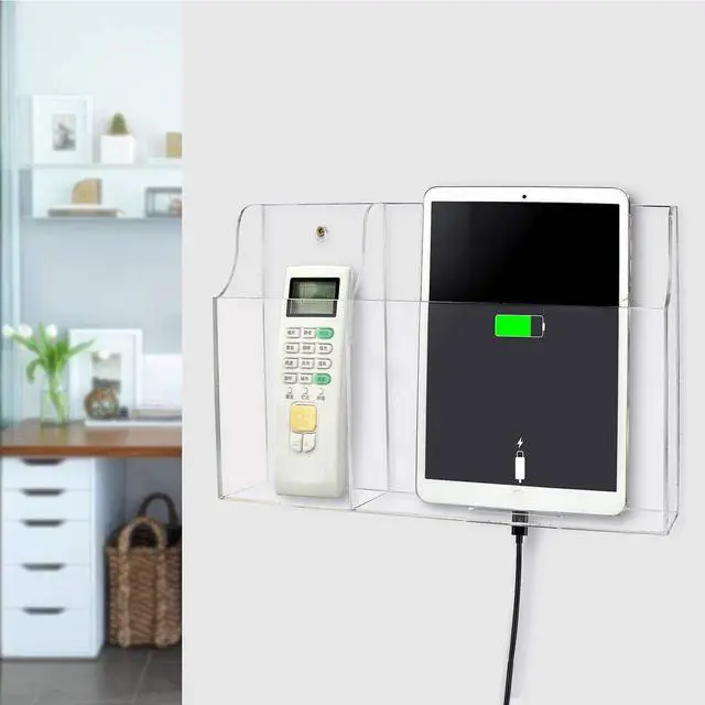 Alt view image 2 of 5 - Yoillione Wall Mount Tablet and Phone Charging Stand for Tablet, Smartphone, E-Book, 2 Slots Remote Control Holder for TV, Clear Acrylic Remote Storage Media Organizer Box - Product 2.0 Size Upgrade