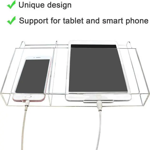 Alt view image 4 of 5 - Yoillione Wall Mount Tablet and Phone Charging Stand for Tablet, Smartphone, E-Book, 2 Slots Remote Control Holder for TV, Clear Acrylic Remote Storage Media Organizer Box - Product 2.0 Size Upgrade