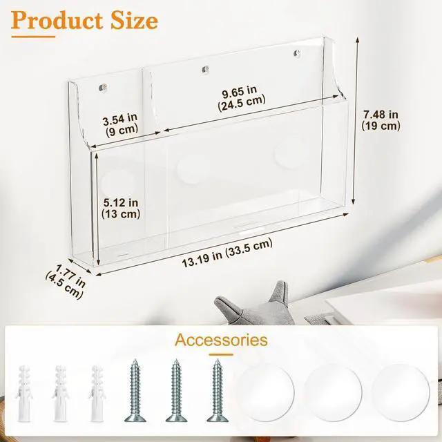 Alt view image 3 of 5 - Yoillione Wall Mount Tablet and Phone Charging Stand for Tablet, Smartphone, E-Book, 2 Slots Remote Control Holder for TV, Clear Acrylic Remote Storage Media Organizer Box - Product 2.0 Size Upgrade