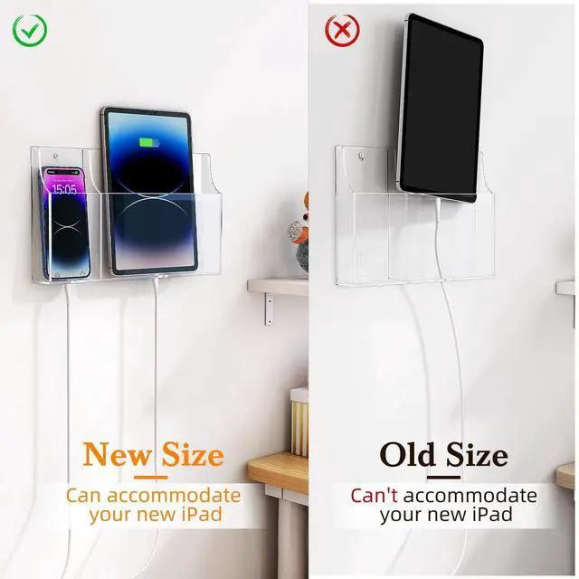 Alt view image 5 of 5 - Yoillione Wall Mount Tablet and Phone Charging Stand for Tablet, Smartphone, E-Book, 2 Slots Remote Control Holder for TV, Clear Acrylic Remote Storage Media Organizer Box - Product 2.0 Size Upgrade