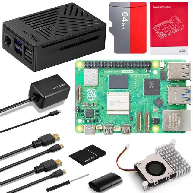 Main image of Vesonn Raspberry Pi 5 16GB Starter Kit Raspberry Pi 5 16GB board/64GB Memory Card/GaN 27W 5.1V5A USB-C Power Supply/ABS Protective case/Active Cooler/MicroHDOUT Cable/Driver/Card Reader/Manual