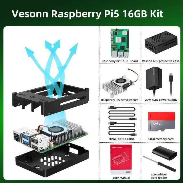 Alt view image 2 of 5 - Vesonn Raspberry Pi 5 16GB Starter Kit Raspberry Pi 5 16GB board/64GB Memory Card/GaN 27W 5.1V5A USB-C Power Supply/ABS Protective case/Active Cooler/MicroHDOUT Cable/Driver/Card Reader/Manual