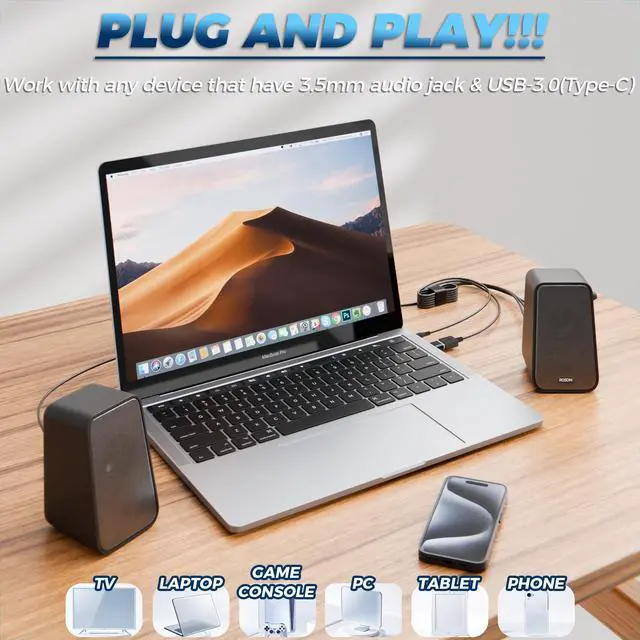 Alt view image 2 of 5 - ROSON Computer Speaker, Compact Size Speaker with Headphone Jack, Enhanced Bass and Volume Control, Stereo 2.0 USB Powered 3.5mm Aux Multimedia Speakers for Laptop/Desktop/Tablets/Phone