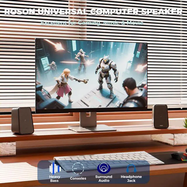 Alt view image 3 of 5 - ROSON Computer Speaker, Compact Size Speaker with Headphone Jack, Enhanced Bass and Volume Control, Stereo 2.0 USB Powered 3.5mm Aux Multimedia Speakers for Laptop/Desktop/Tablets/Phone