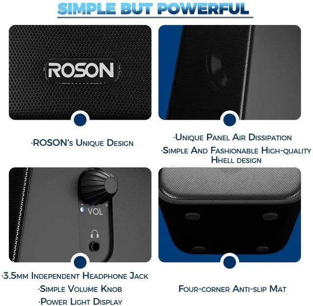 Alt view image 4 of 5 - ROSON Computer Speaker, Compact Size Speaker with Headphone Jack, Enhanced Bass and Volume Control, Stereo 2.0 USB Powered 3.5mm Aux Multimedia Speakers for Laptop/Desktop/Tablets/Phone