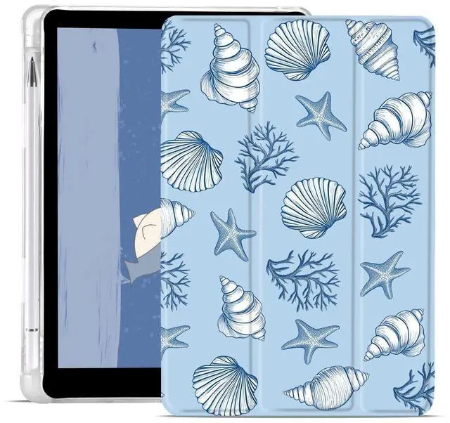 Main image of JOYLAND Ocean Case Compatible with iPad(A16) 11th Generation 11"/iPad 10th Generation 10.9" with Pencil Holder Conch Coral Pattern Blue Leather Foldable Cover Auto Wake/Sleep