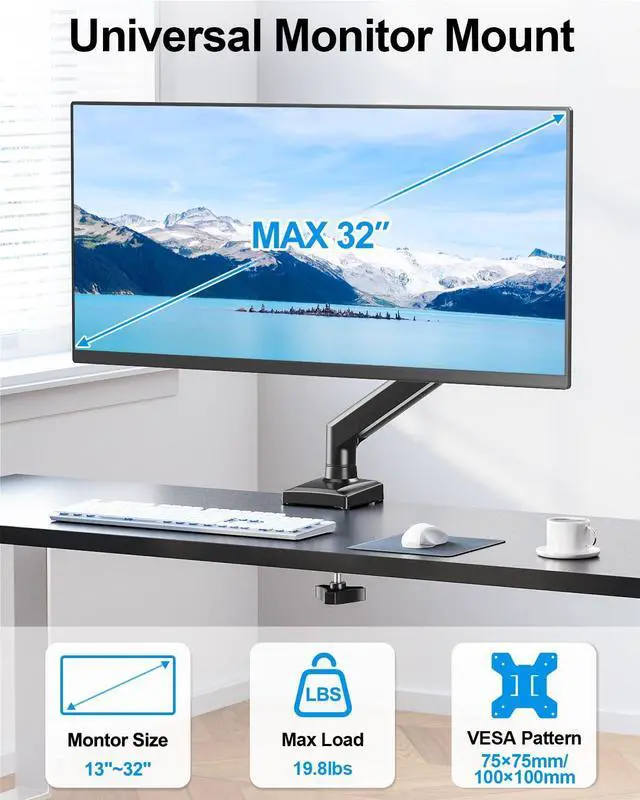 Alt view image 2 of 5 - Single Monitor Arm Fits up to 32 Inch, Desk Mount Holds 4.4-19.8lbs Computer Screen, Full Motion Gas Spring, VESA Mount 75x75, 100x100, Freelift