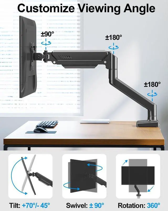 Alt view image 3 of 5 - Single Monitor Arm Fits up to 32 Inch, Desk Mount Holds 4.4-19.8lbs Computer Screen, Full Motion Gas Spring, VESA Mount 75x75, 100x100, Freelift