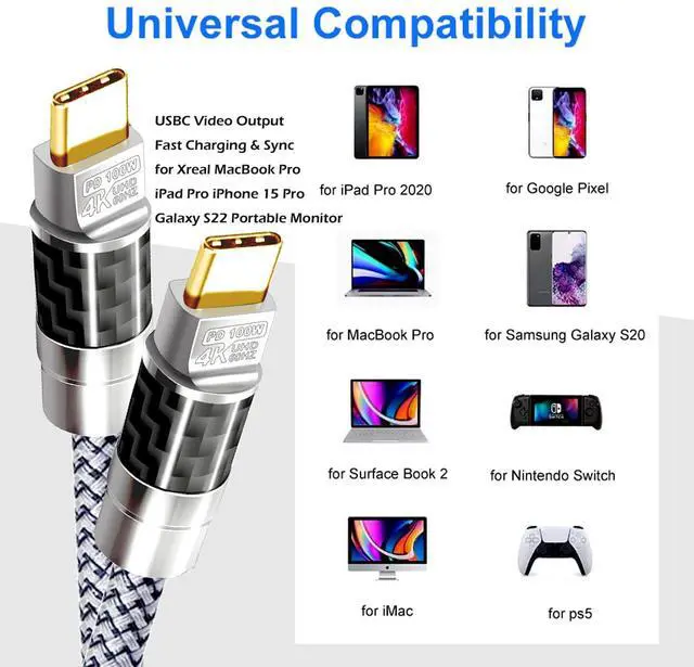Alt view image 3 of 5 - USB C to C Cable 20FT,100W 4K60HZ Type C GEN2x2(Data usb3.1),USB C Video Output From USB3.2/ USB4.0 Fast Charging & Sync for Xreal MacBook Pro iPad Pro iPhone 15 Pro Galaxy S22 Portable Monitor